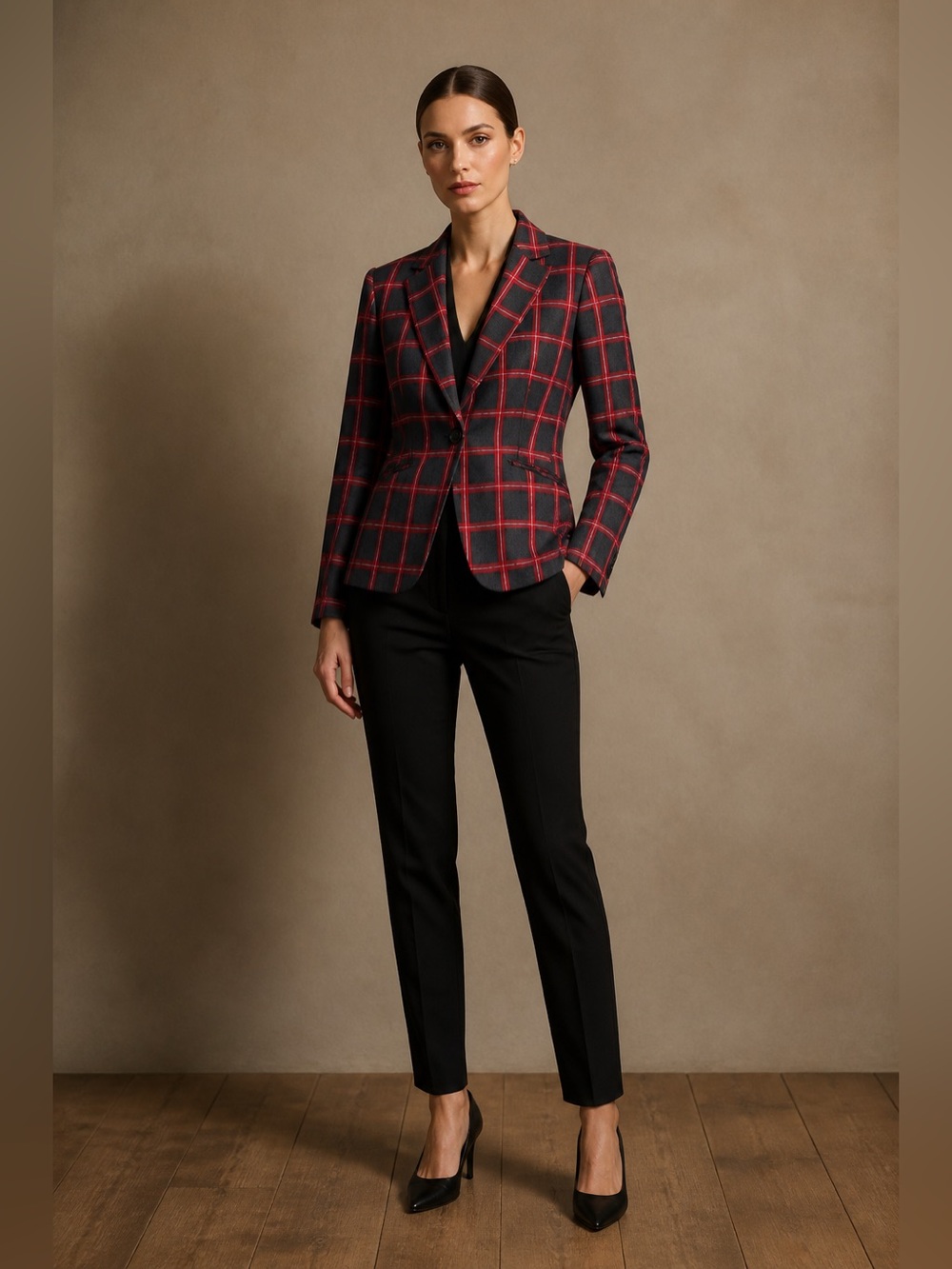 Trina Turk Red Black Plaid Jacket | Statement Blazer. SIze 4